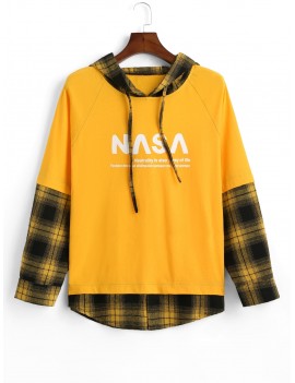 Plaid Splicing Letter Graphic Faux Twinset Raglan Sleeve Hoodie - Yellow M