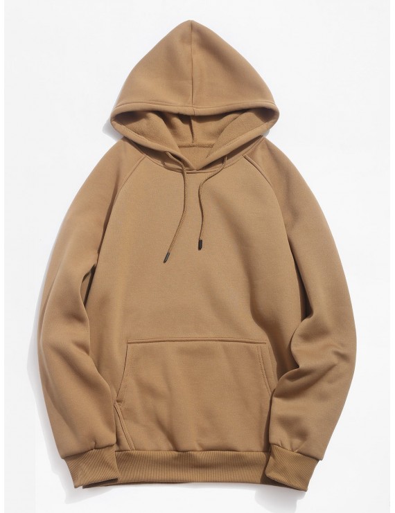 Basic Solid Pouch Pocket Fleece Hoodie - Camel Brown M