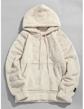 Solid Pouch Pocket Fluffy Hoodie - Warm White L