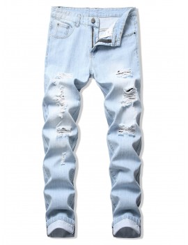 Long Straight Solid Color Ripped Casual Denim Pants - Jeans Blue 32