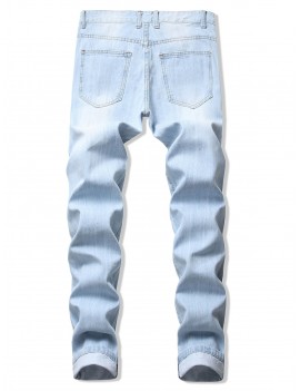 Long Straight Solid Color Ripped Casual Denim Pants - Jeans Blue 32