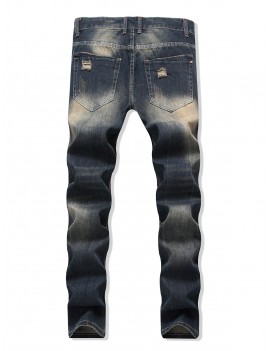 Distressed Faded Wash Long Straight Ripped Denim Pants - Denim Dark Blue 32