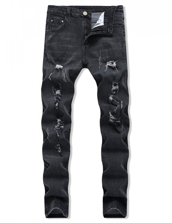 Destroy Wash Long Straight Ripped Denim Pants - Black 32