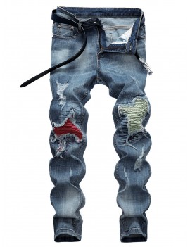 Pleated Patchwork Scratch Ripped Long Jeans - Denim Blue 34