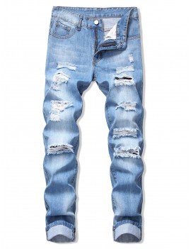 Faded Wash Ripped Long Straight Jeans - Denim Blue 32