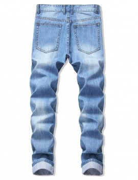 Faded Wash Ripped Long Straight Jeans - Denim Blue 32