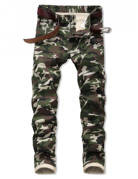 Camo Pattern Zipper Fly Casual Cuffed Jeans - Army Green 36