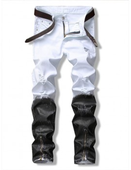 Long Color Block Ankle-Zip Ripped Jeans - White 32