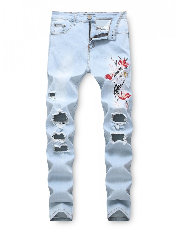 Flower Embroidery Destroy Wash Long Straight Jeans - Denim Blue 36