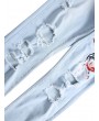Flower Embroidery Destroy Wash Long Straight Jeans - Denim Blue 36