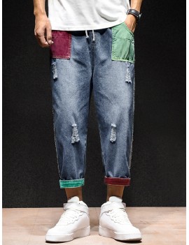 Distressed Colorblock Patchwork Pocket Drawstring Ripped Jeans - Blue Xs