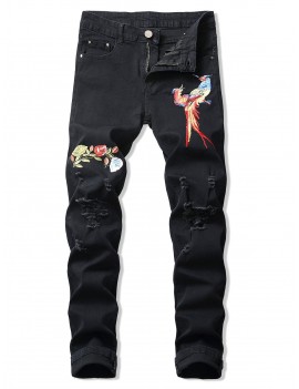 Floral Bird Embroidery Destroy Wash Long Jeans - Black 32