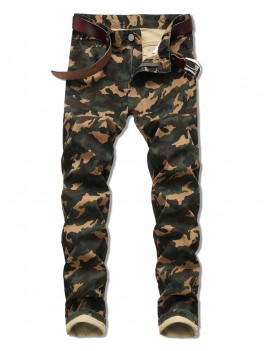 Camo Print Zip Fly Casual Jeans - Army Green 34