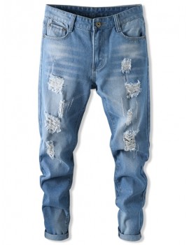 Long Straight Scratch Ripped Casual Jeans - Denim Blue 34
