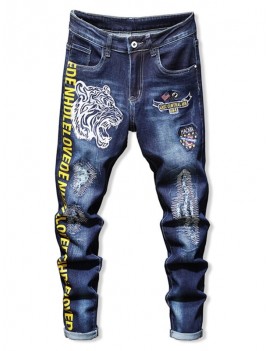 Tiger Letter Embroidery Distressed Denim Pants - Denim Dark Blue 34
