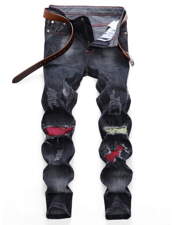 Colored Patchwork Ripped Scratch Long Straight Jeans - Black 32