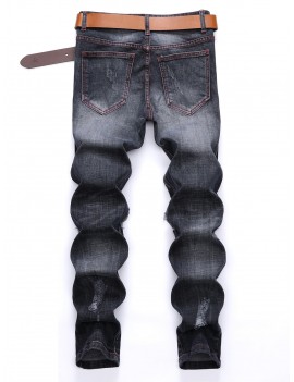 Colored Patchwork Ripped Scratch Long Straight Jeans - Black 32
