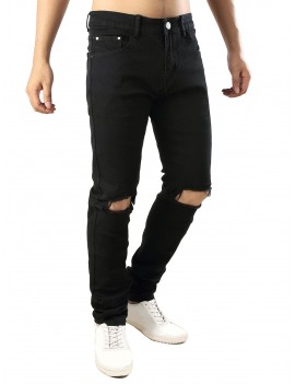 Solid Color Destroy Hole Long Casual Jeans - Black 32