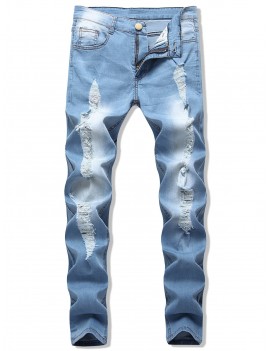 Light Wash Zip Fly Ripped Jeans - Jeans Blue 32