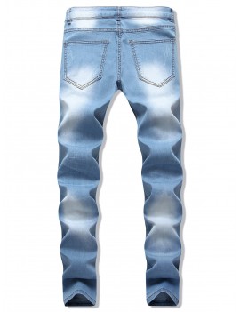 Light Wash Zip Fly Ripped Jeans - Jeans Blue 32