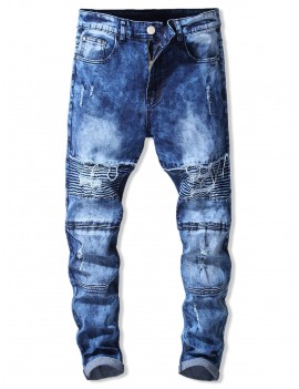 Ripped Decorated Zip Fly Casual Jeans - Blue L