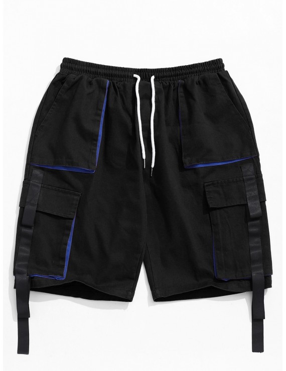 Ribbon Pocket Elastic Cargo Shorts - Black M