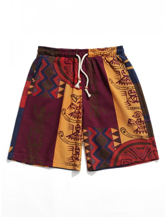 Allover Tribal Print Drawstring Board Shorts - Multi L
