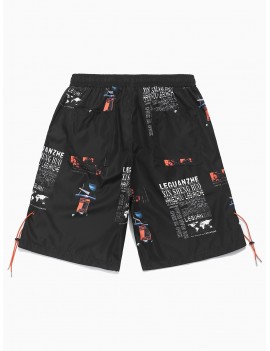 Letter Map Graphic Print Casual Shorts - Black S