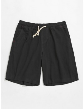Elastic Solid Color Drawstring Shorts - Black M