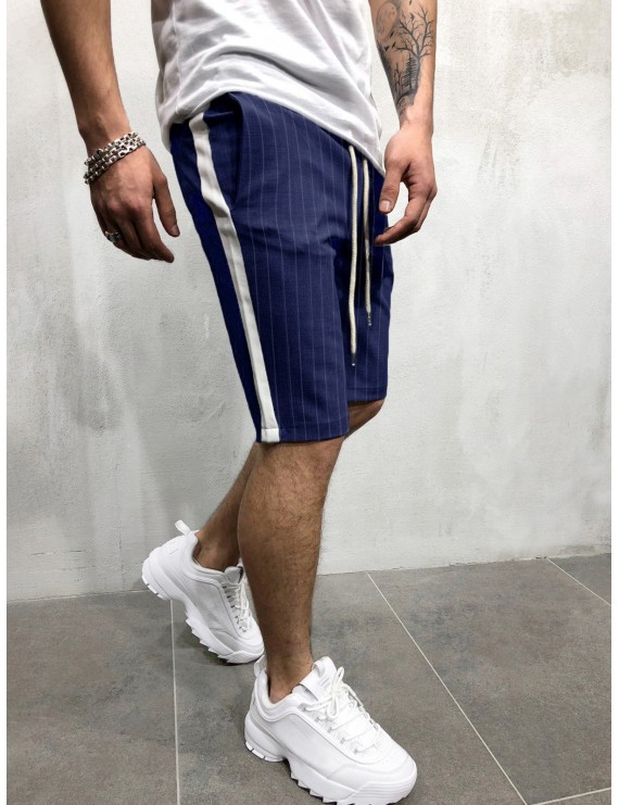 Color Block Stripes Print Drawstring Shorts - Cadetblue M