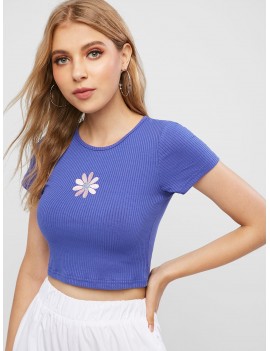Ribbed Cropped Floral Embroidered Tee - Blue M