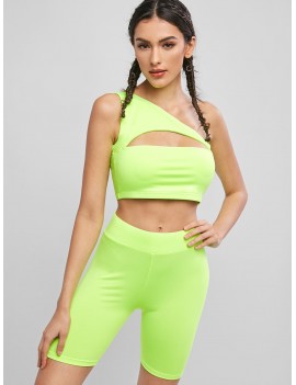 One Shoulder Cut Out Neon Biker Shorts Set - Tea Green L