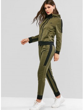 Letter Print Contrast Drawstring Hooded Tracksuit - Army Green M