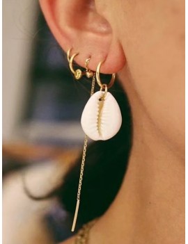 4Pcs Shell Hoop Ear Thread Earrings Set - Gold