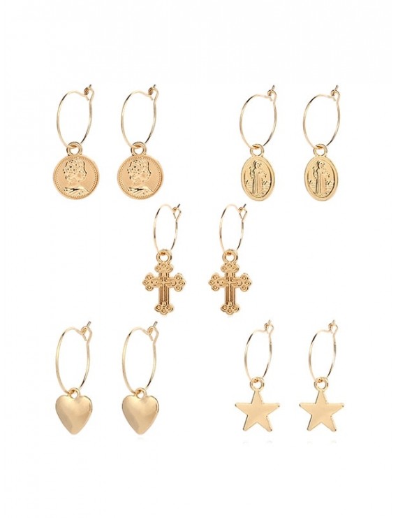 Geometric Star Heart Cross Design Metal Drop Earrings Set - Gold