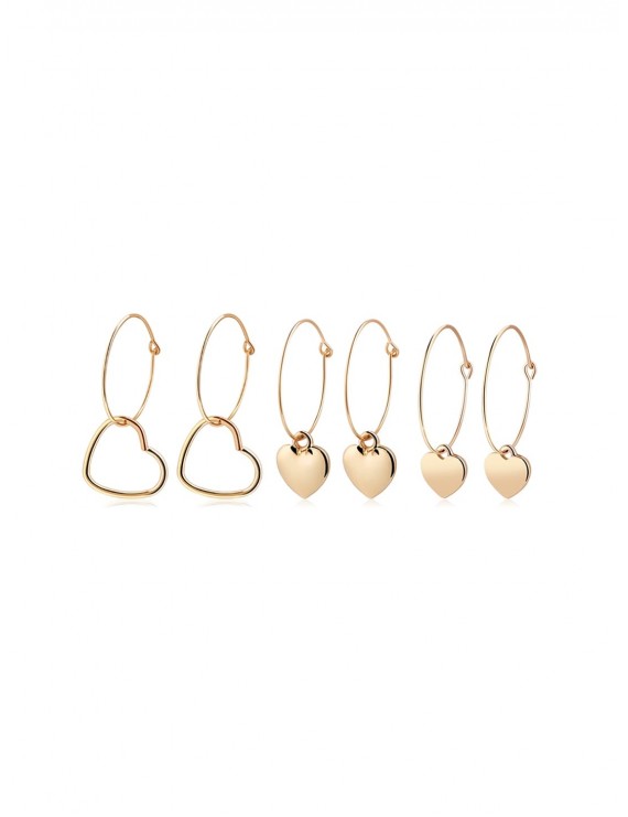 3Pairs Valentine Heart Shape Hoop Earrings Set - Gold