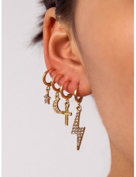 4Pcs Cross Moon Rhinestone Earrings Set - Gold