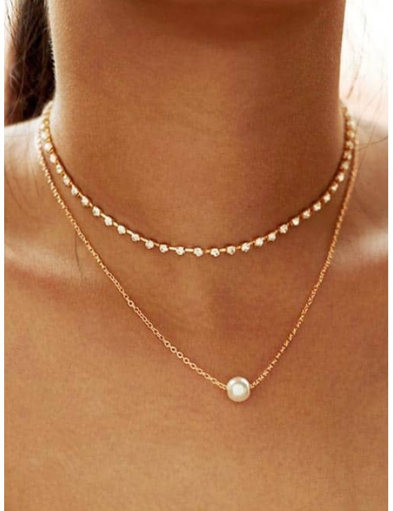 Alloy Faux Pearl Rhinestone Double Layered Necklace - Gold