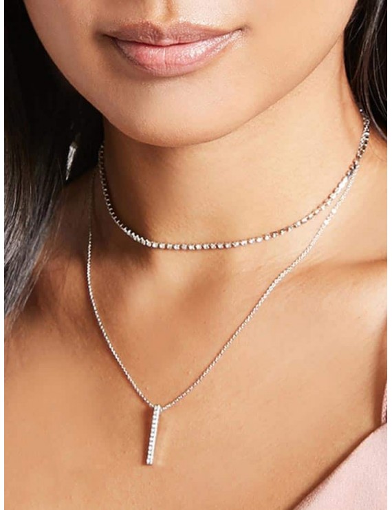 Double Layered Rhinestone Bar Necklace - Silver