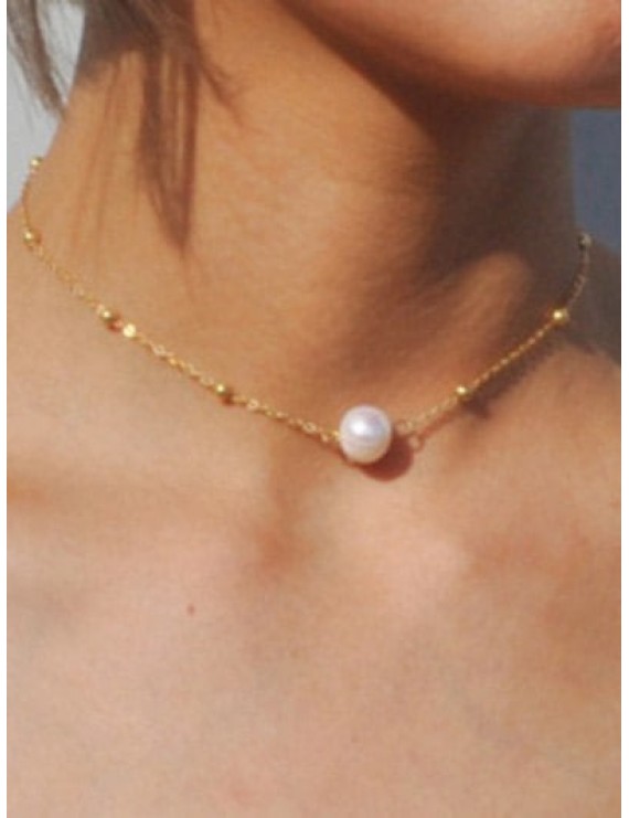 Faux Pearl Collarbone Necklace - Golden