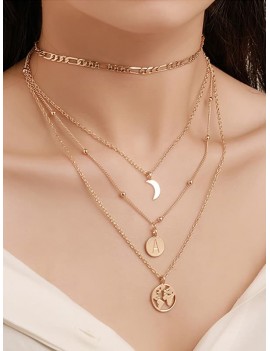 Round Retro Letter Map Multilayered Chain Necklace - Gold