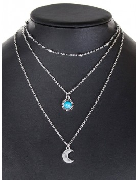 Layered Moon Faux Turquoise Necklace - Silver
