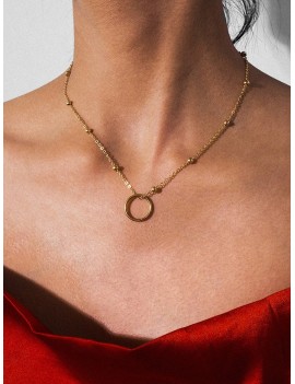 Circle Pendant Beaded Collarbone Necklace - Gold