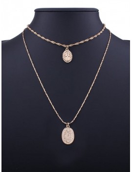Alloy Engraved Goddess Oval Pendant Necklace Set - Golden