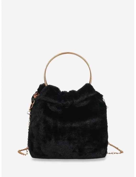 Metal Handle Faux Fur Chain Handbag - Black