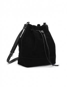 String Faux Fur Bucket Shoulder Bag - Black