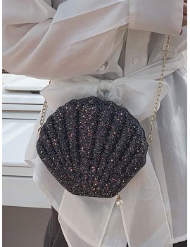 Scallop Shape Hard Zipper Chain Shoulder Bag - Black