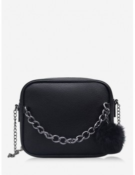 Chain Fluffy Ball Zipper Mini Crossbody Bag - Black