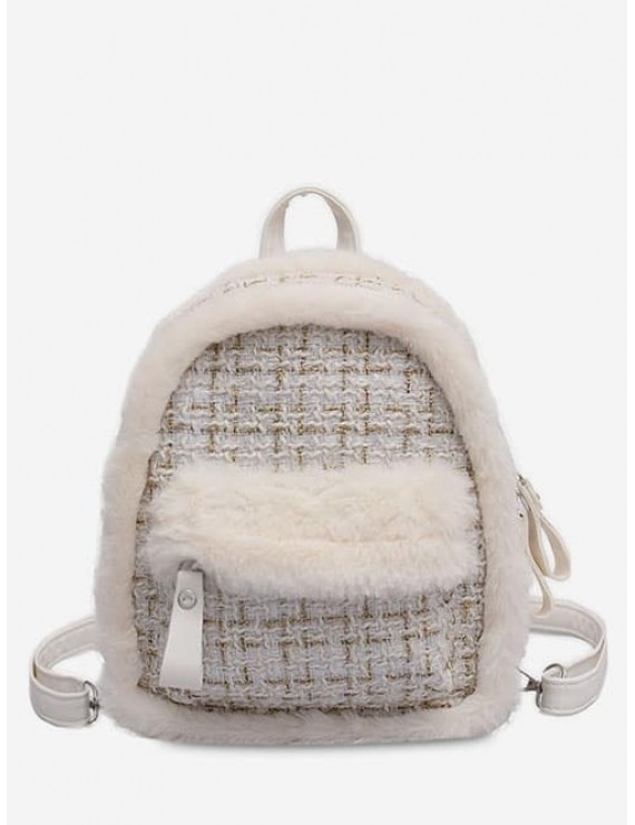 Plaid Fluffy Design Backpack - White