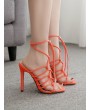 Square Toe Lace Up Stiletto High Heel Sandals - Tiger Orange Eu 39